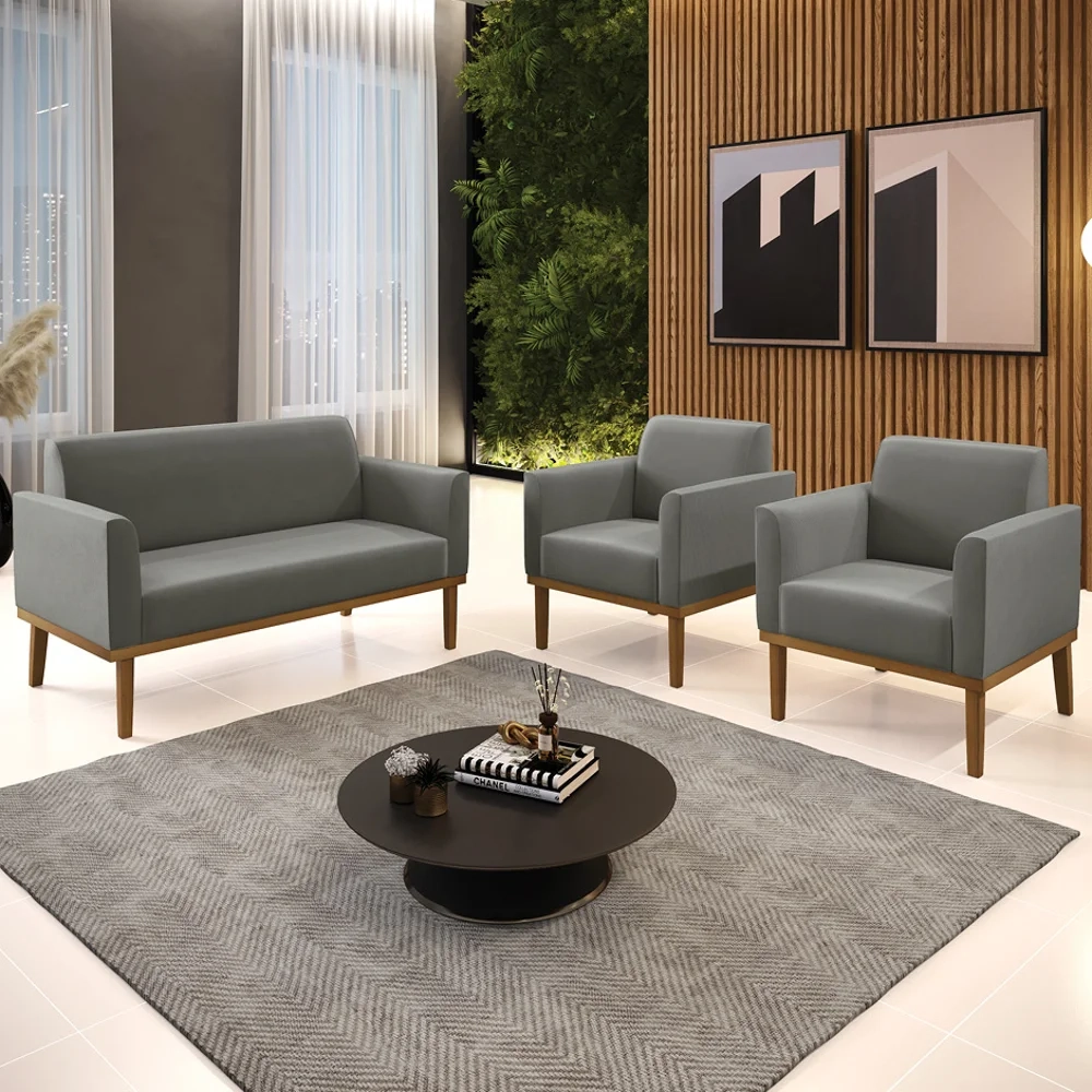 Sofá Namoradeira e 2 Poltronas Base Madeira Castanho Maressa Suede Grafite - Ibiza