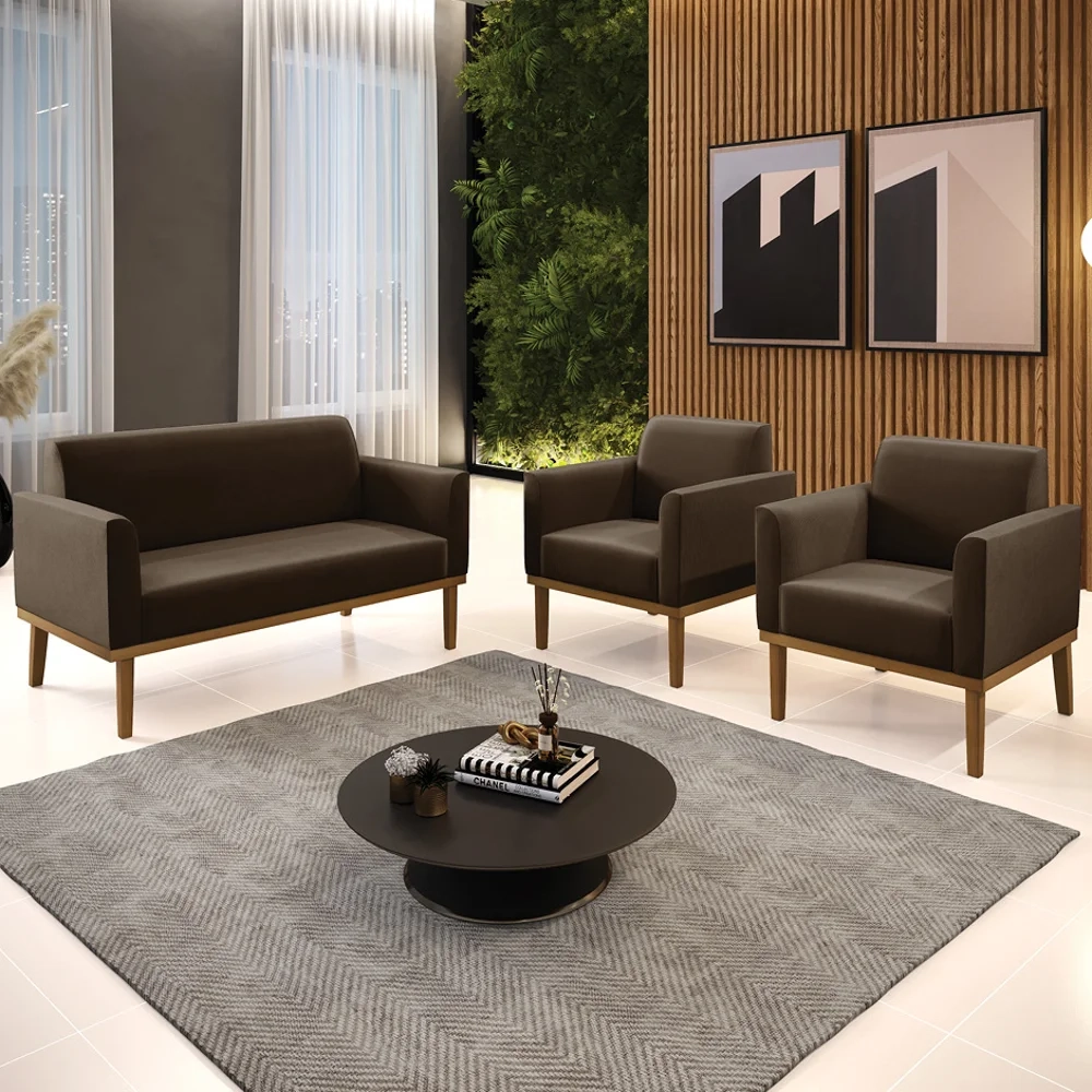 Sofá Namoradeira e 2 Poltronas Base Madeira Castanho Maressa Suede Marrom - Ibiza
