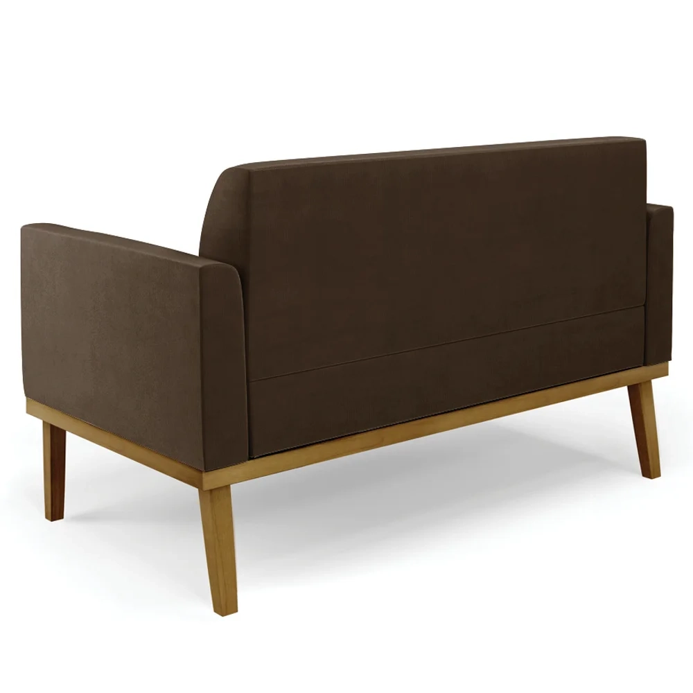 Sofá Namoradeira e 2 Poltronas Base Madeira Castanho Maressa Suede Marrom - Ibiza