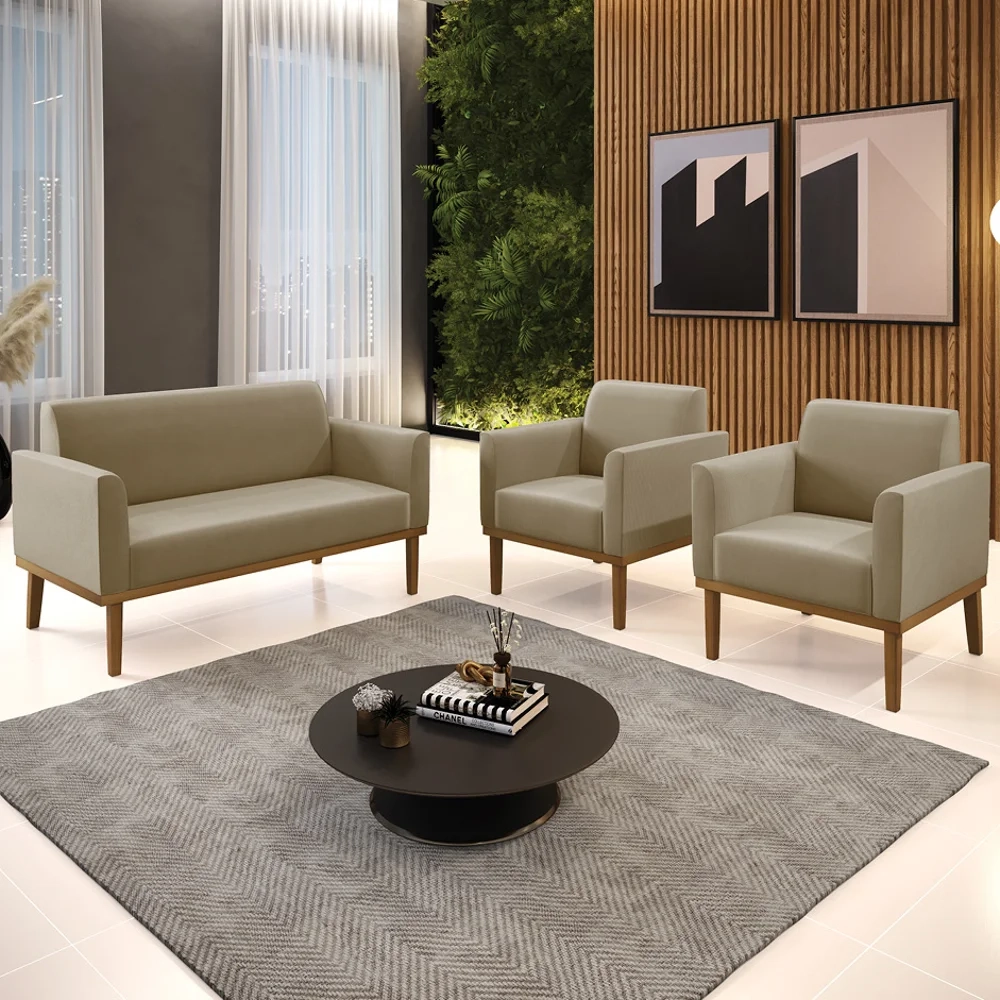 Sofá Namoradeira e 2 Poltronas Base Madeira Castanho Maressa Suede Marrom RT - Ibiza