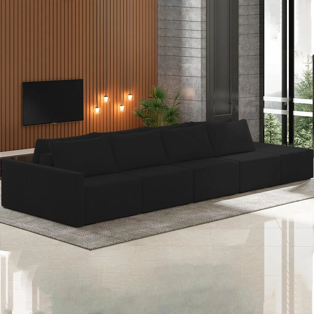 Sofá Ilha Modular com Puff para Sala Living 432cm Georgia Z08 Veludo Preto - Mpozenato