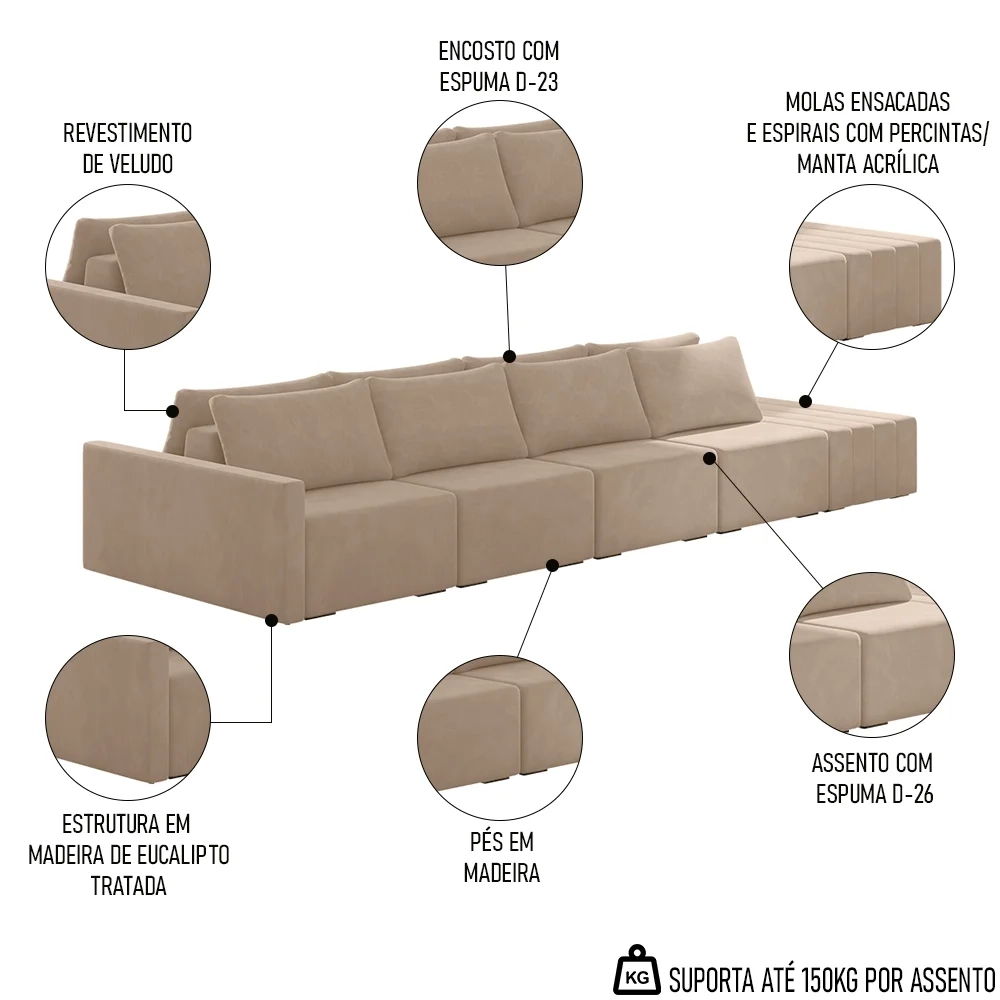 Sofá Ilha Modular com Puff para Sala Living 432cm Georgia Z08 Veludo Bege - Mpozenato
