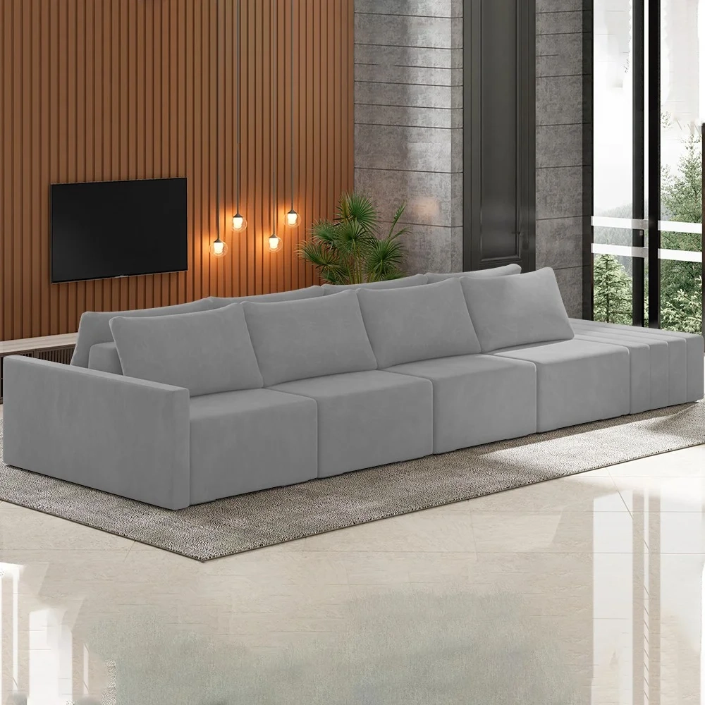Sofá Ilha Modular com Puff para Sala Living 432cm Georgia Z08 Veludo Cinza - Mpozenato