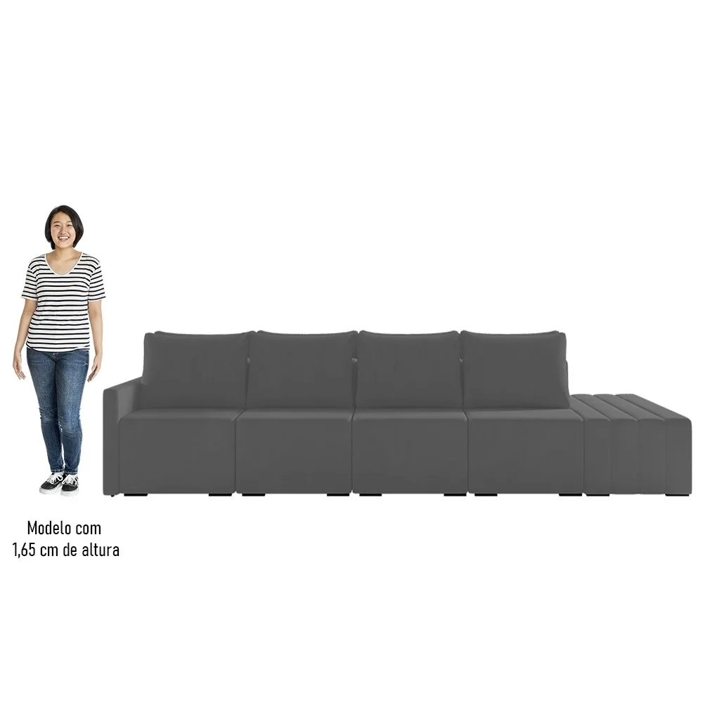 Sofá Ilha Modular com Puff para Sala Living 432cm Georgia Z08 Veludo Cinza Escuro - Mpozenato