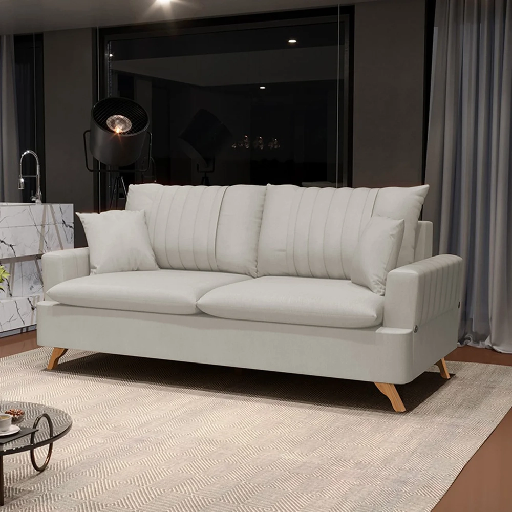 Sofá 180cm 3 Lugares com Almofadas Pés Curvos Veras Suede D05 Bege Claro - Mpozenato