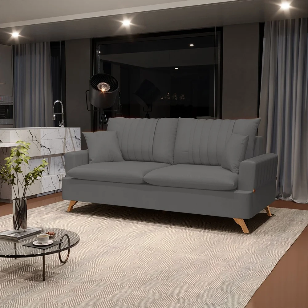 Sofá 180cm 3 Lugares com Almofadas Pés Curvos Veras Suede D05 Cinza - Mpozenato