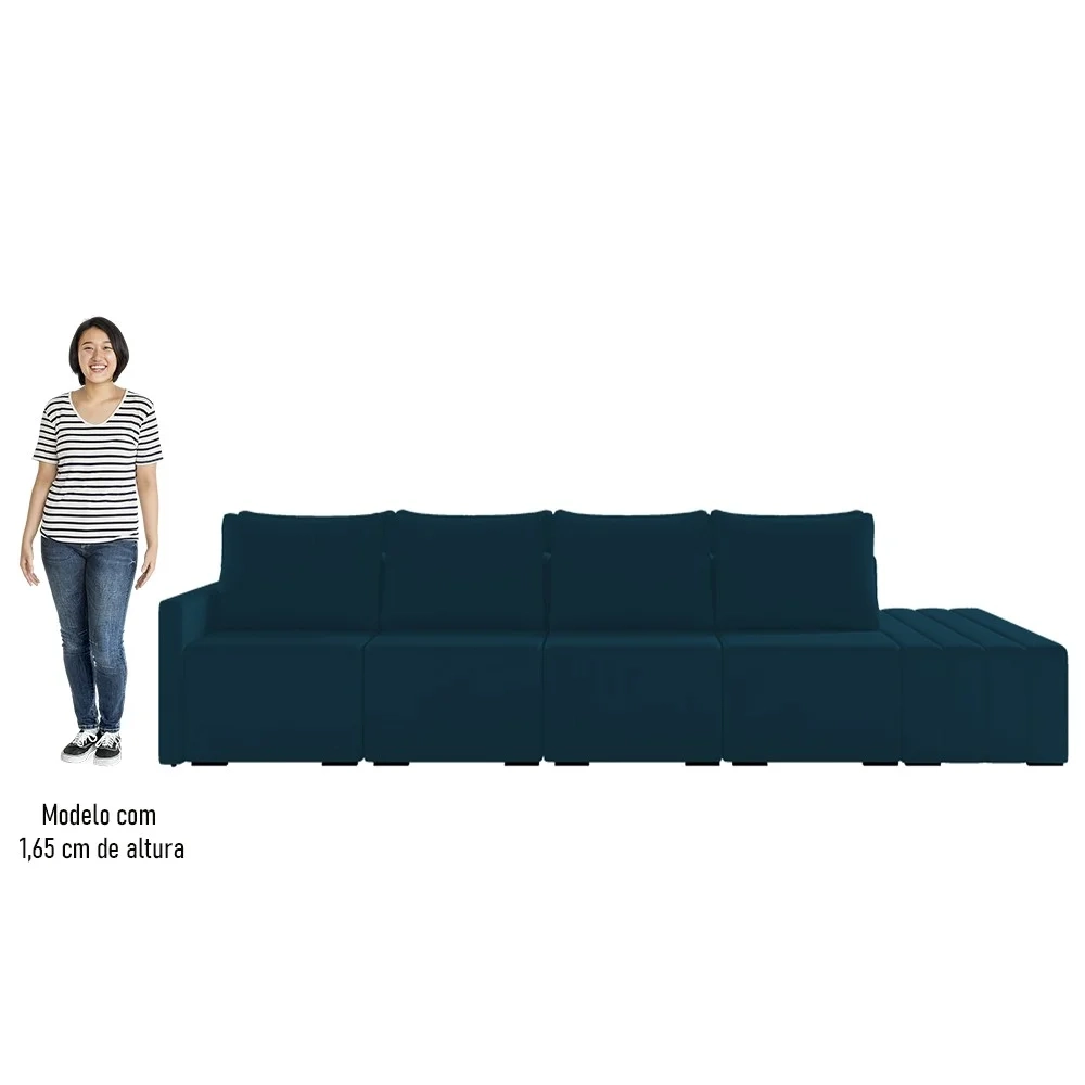 Sofá Ilha Modular com Puff para Sala Living 432cm Georgia Z08 Veludo Azul - Mpozenato