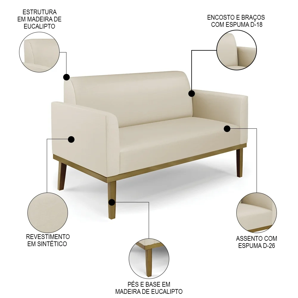 Sofá Namoradeira Base Madeira Castanho Maressa Sintético Bege - Ibiza