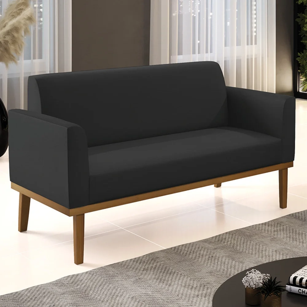 Sofá Namoradeira Base Madeira Castanho Maressa Sintético Preto - Ibiza