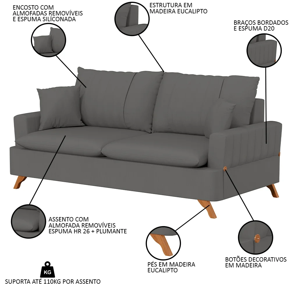 Sofá 200cm 3 Lugares com Almofadas Pés Curvos Veras Suede D05 Cinza - Mpozenato