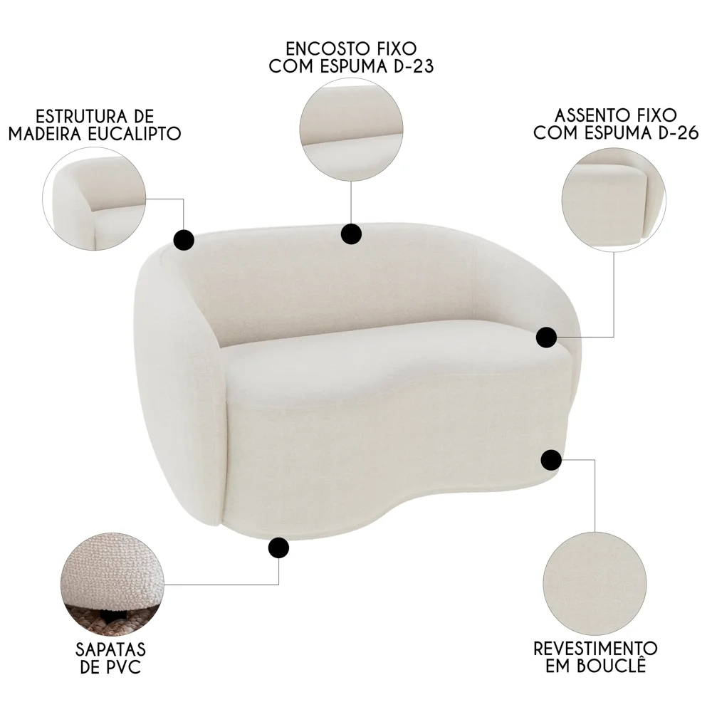 Sofá 3 Lugares Living Orgânico Sala de Estar 180cm Garbin Z08 Boucle Bege - Mpozenato