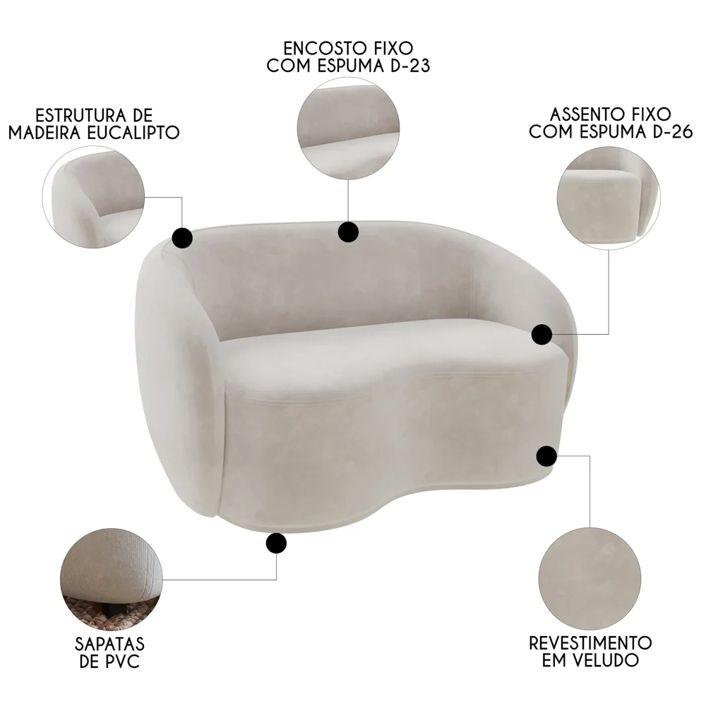 Sofá 3 Lugares Living Orgânico Sala de Estar 180cm Garbin Z08 Veludo Bege - Mpozenato