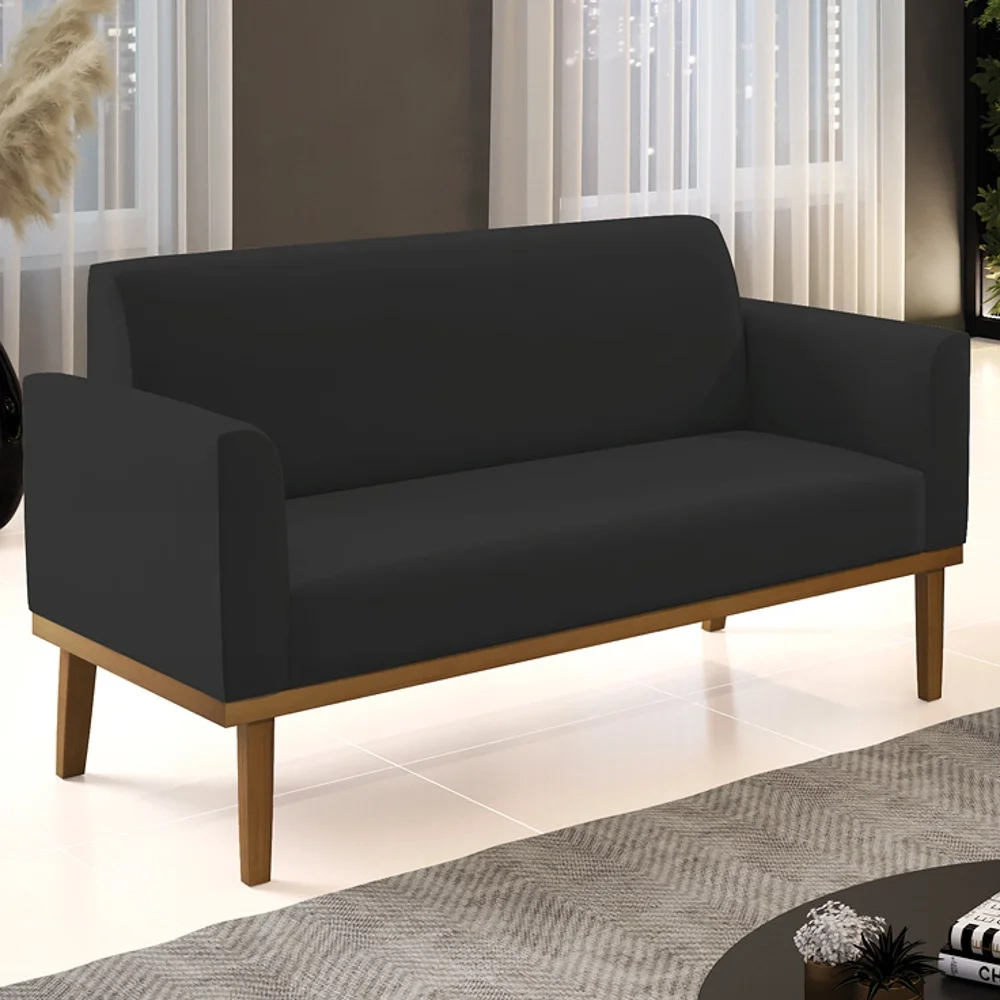 Sofá Namoradeira Base Madeira Castanho Maressa Veludo Preto - Ibiza