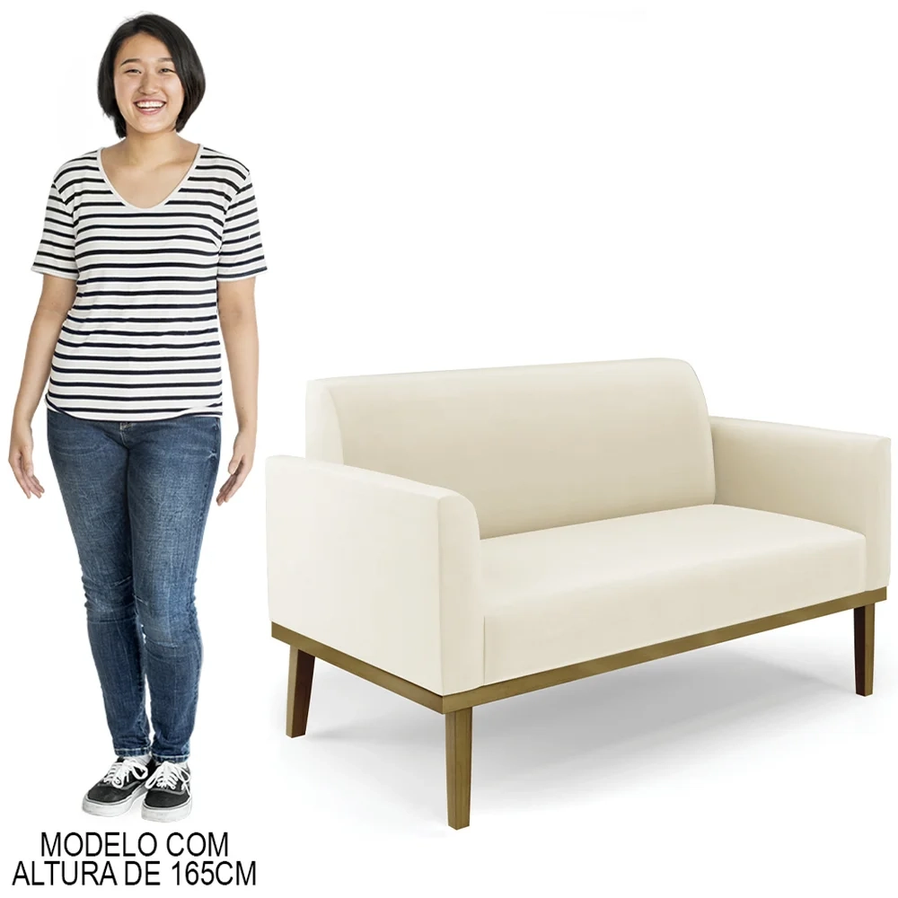 Sofá Namoradeira e 2 Poltronas Base Madeira Castanho Maressa Veludo Bege - Ibiza