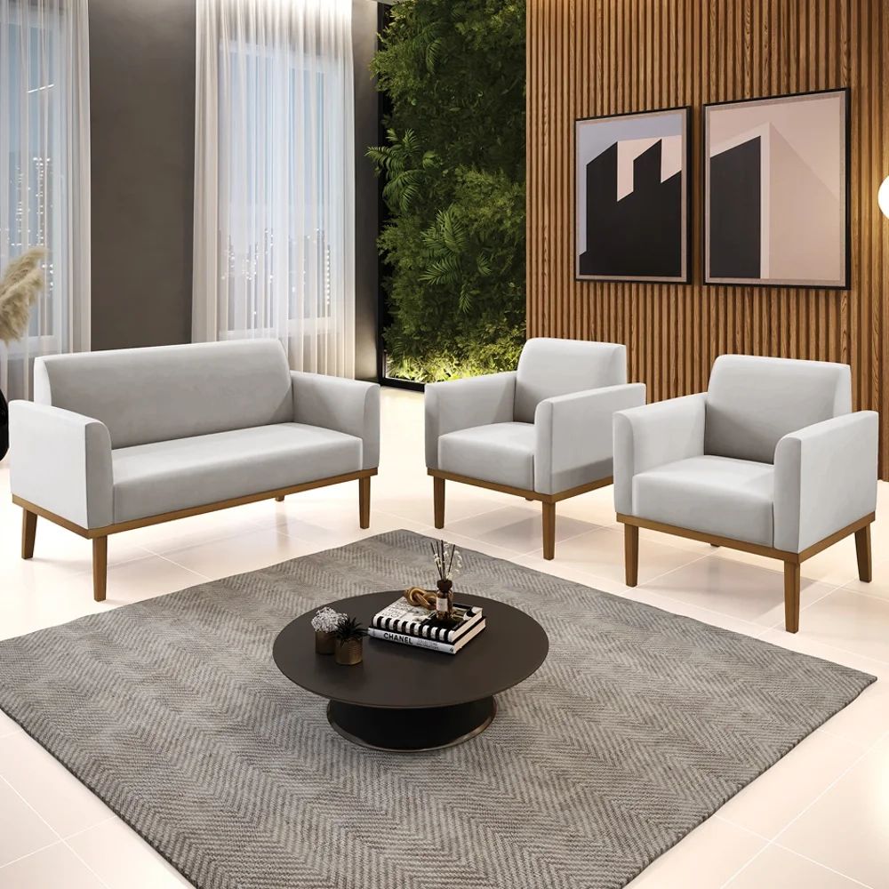 Sofá Namoradeira e 2 Poltronas Base Madeira Castanho Maressa Veludo Cinza - Ibiza