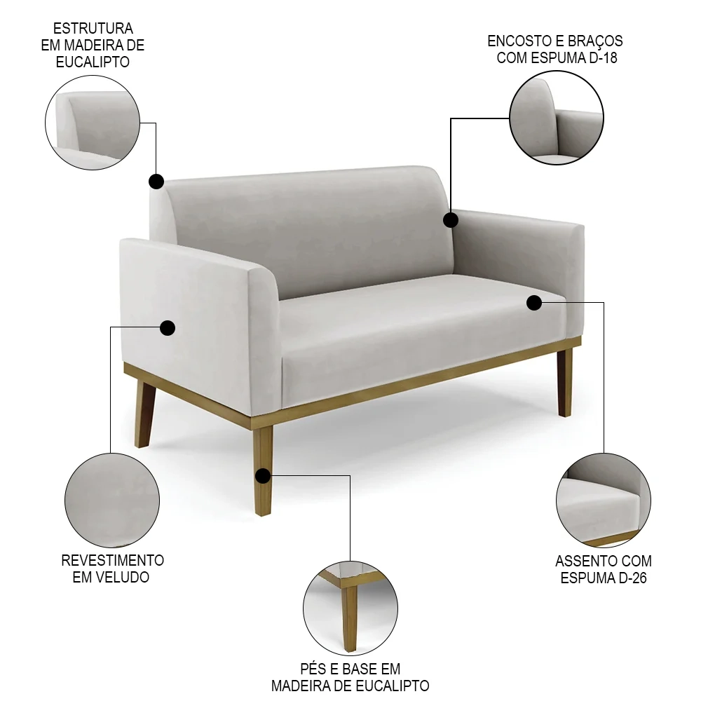 Sofá Namoradeira e 2 Poltronas Base Madeira Castanho Maressa Veludo Cinza - Ibiza