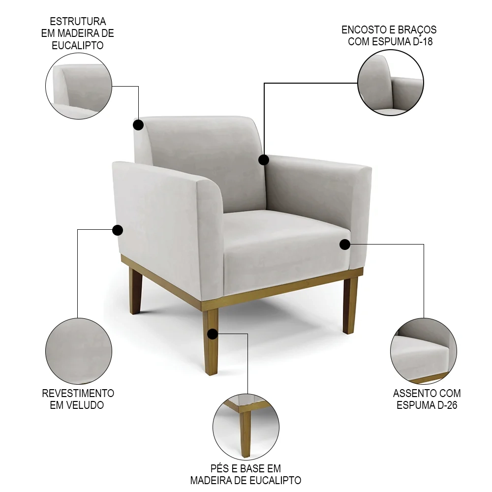 Sofá Namoradeira e 2 Poltronas Base Madeira Castanho Maressa Veludo Cinza - Ibiza