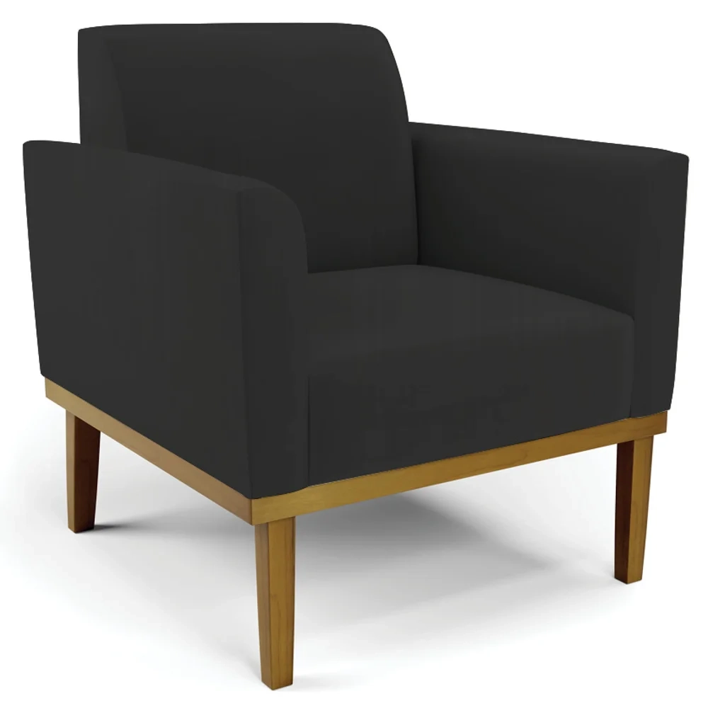 Sofá Namoradeira e 2 Poltronas Base Madeira Castanho Maressa Veludo Preto - Ibiza