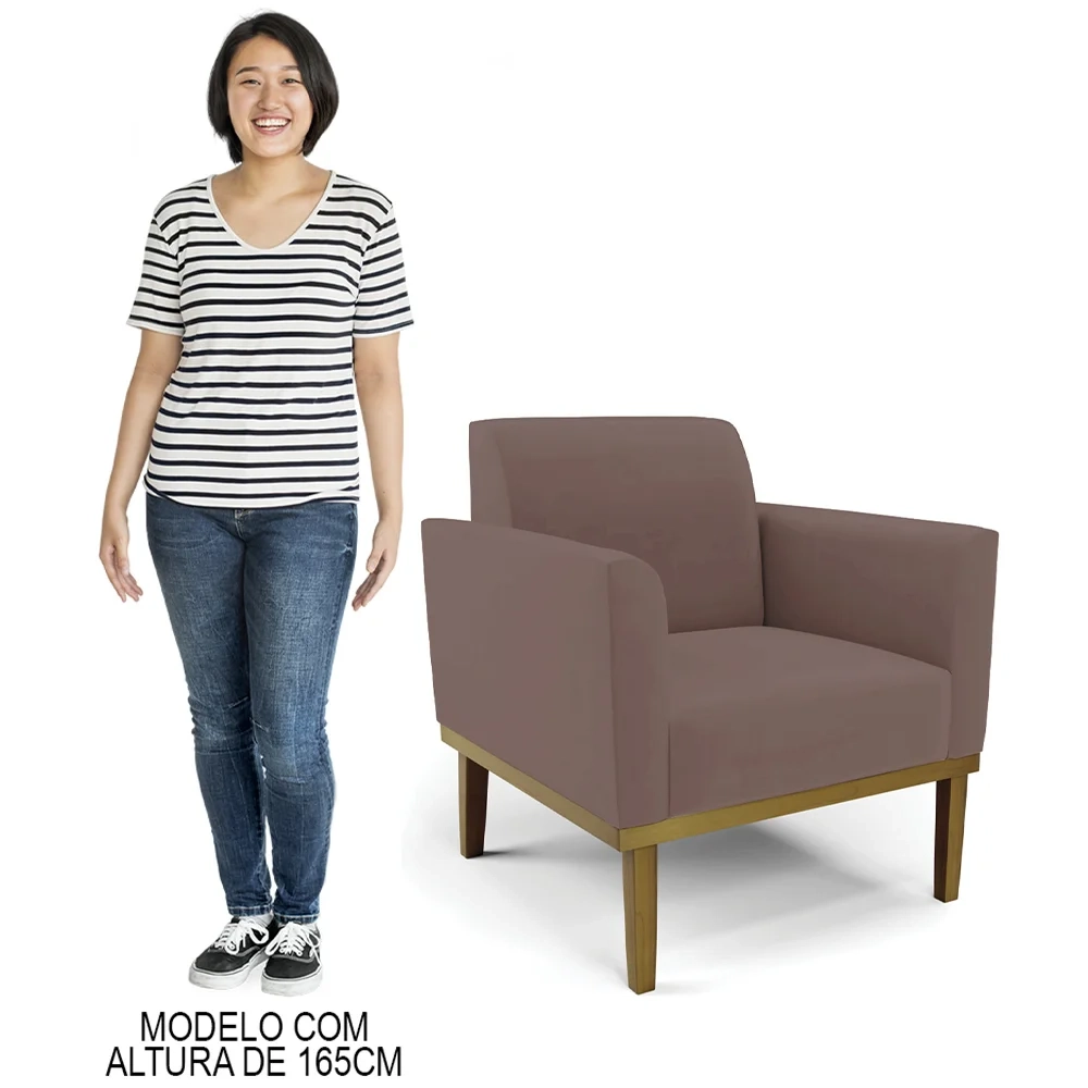 Sofá Namoradeira e 2 Poltronas Base Madeira Castanho Maressa Veludo Rosê - Ibiza