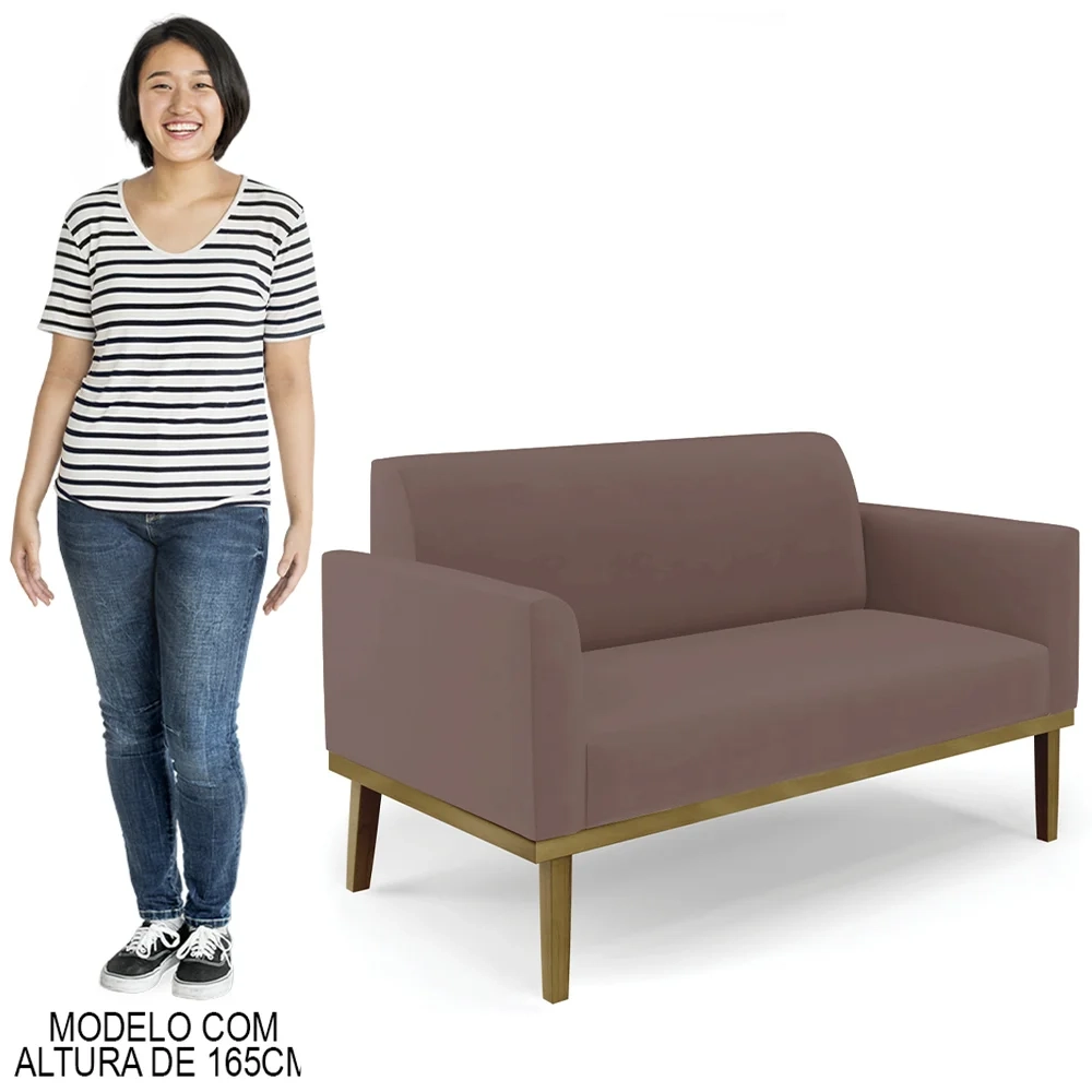 Sofá Namoradeira e 2 Poltronas Base Madeira Castanho Maressa Veludo Rosê - Ibiza