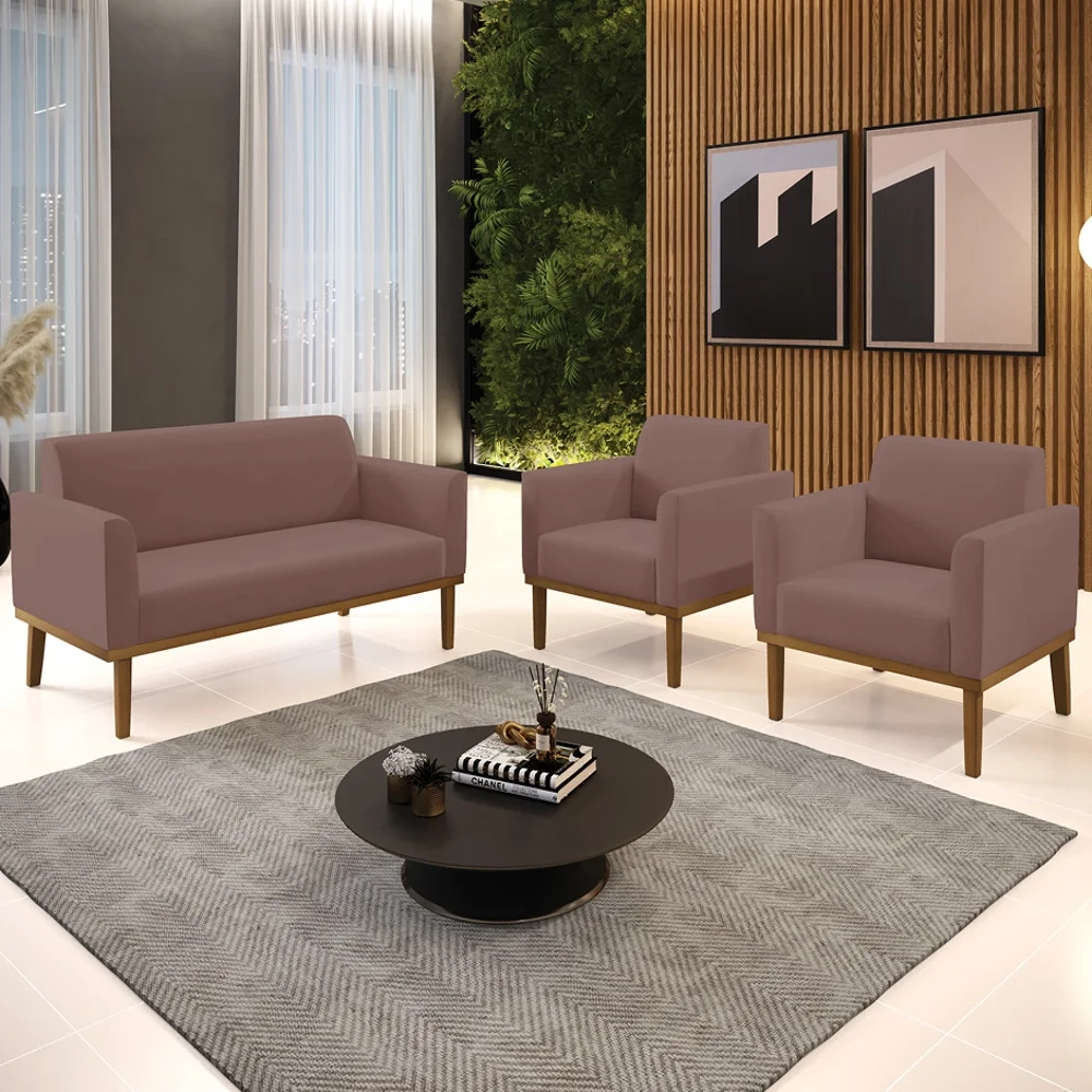 Sofá Namoradeira e 2 Poltronas Base Madeira Castanho Maressa Veludo Rosê - Ibiza