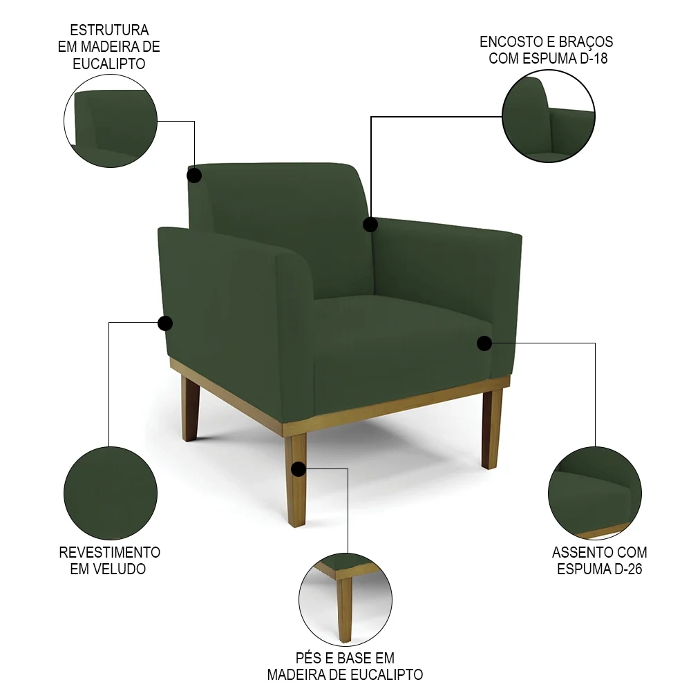 Sofá Namoradeira e 2 Poltronas Base Madeira Castanho Maressa Veludo Verde - Ibiza