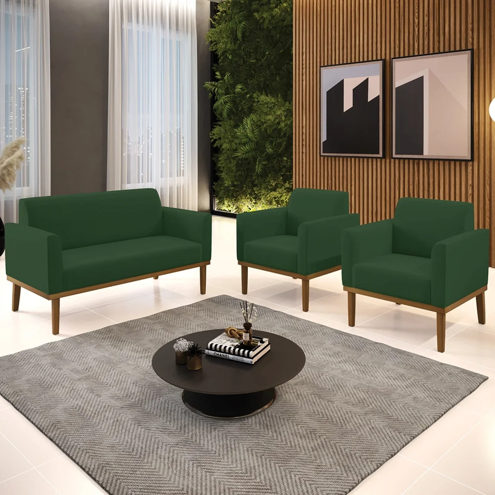 Sofá Namoradeira e 2 Poltronas Base Madeira Castanho Maressa Veludo Verde - Ibiza