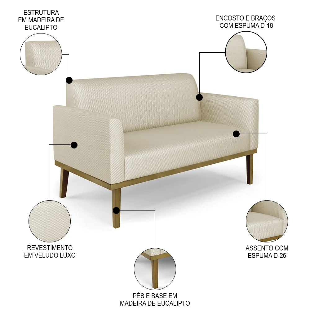 Sofá Namoradeira Base Madeira Castanho Maressa Veludo Luxo Off White - Ibiza