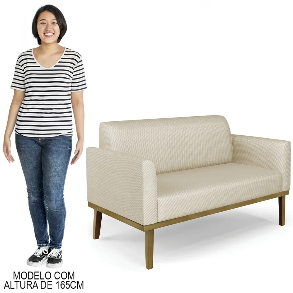 Sofá Namoradeira e 2 Poltronas Base Madeira Castanho Maressa Veludo Luxo Off White - Ibiza