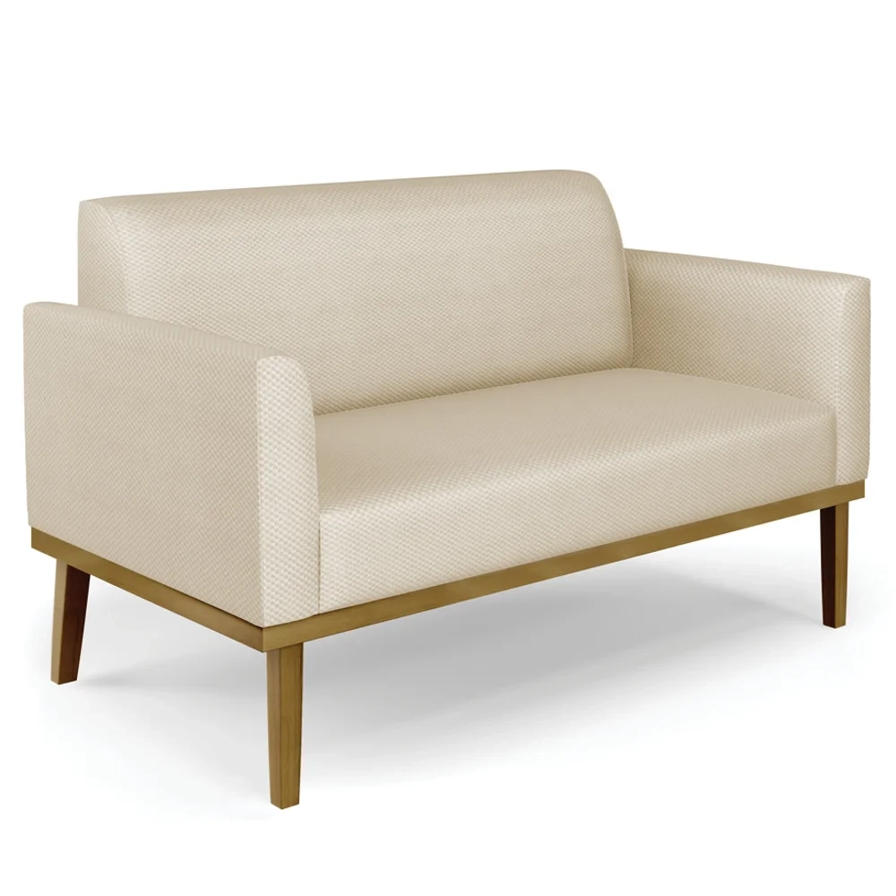 Sofá Namoradeira e 2 Poltronas Base Madeira Castanho Maressa Veludo Luxo Off White - Ibiza