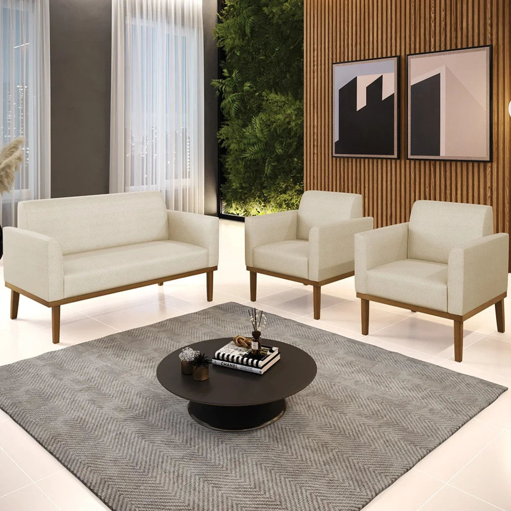 Sofá Namoradeira e 2 Poltronas Base Madeira Castanho Maressa Veludo Luxo Off White - Ibiza