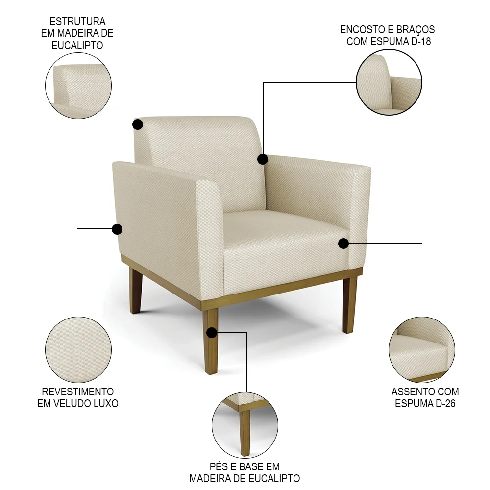 Sofá Namoradeira e 2 Poltronas Base Madeira Castanho Maressa Veludo Luxo Off White - Ibiza