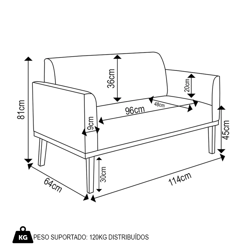 Sofá Namoradeira Base Madeira Preto Maressa Sintético PU Preto - Ibiza