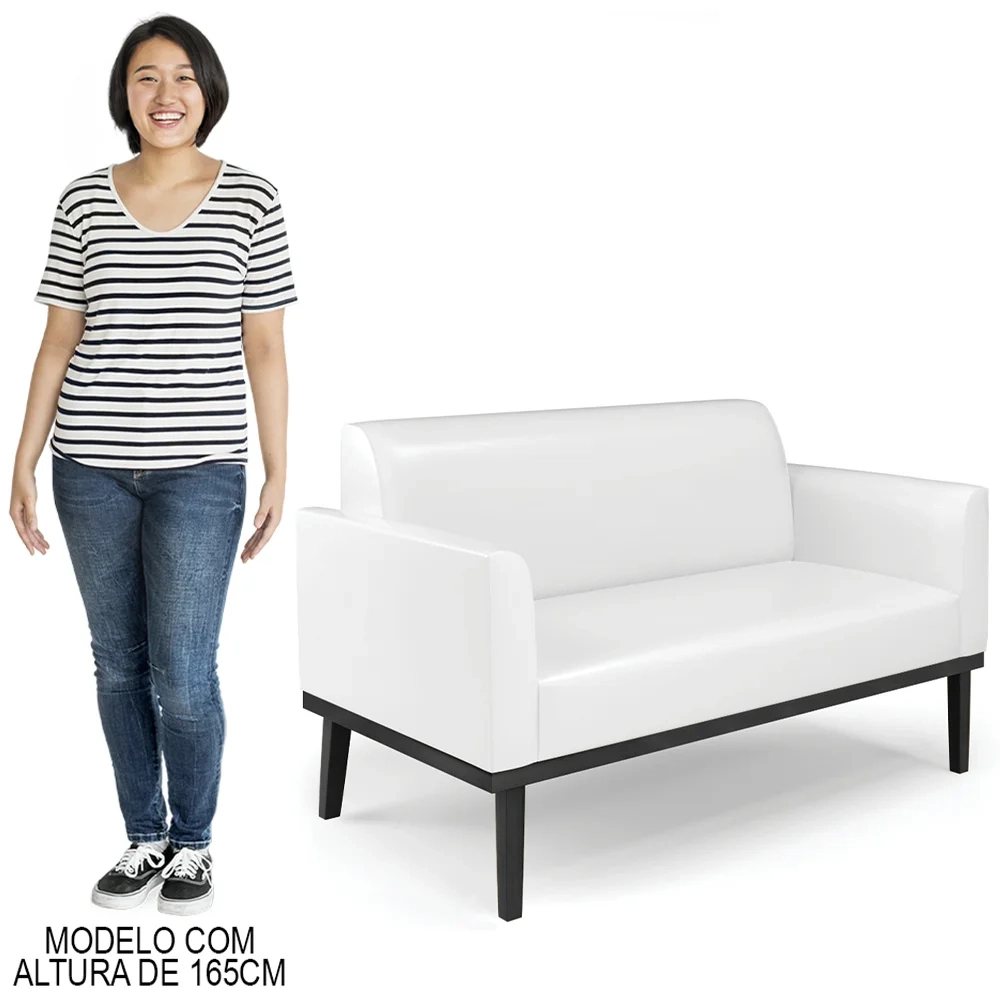 Sofá Namoradeira e 2 Poltronas Base Madeira Preto Maressa Sintético PU Branco - Ibiza