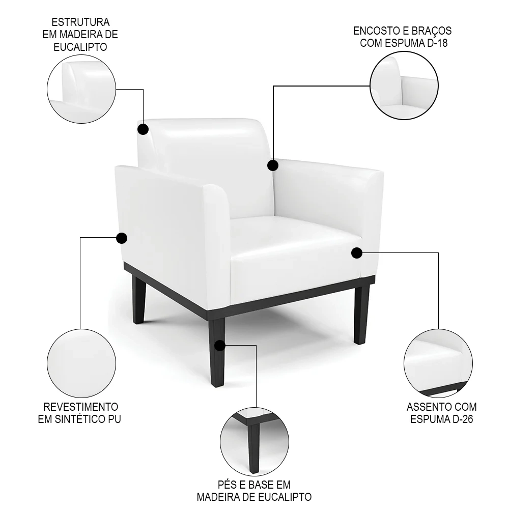 Sofá Namoradeira e 2 Poltronas Base Madeira Preto Maressa Sintético PU Branco - Ibiza