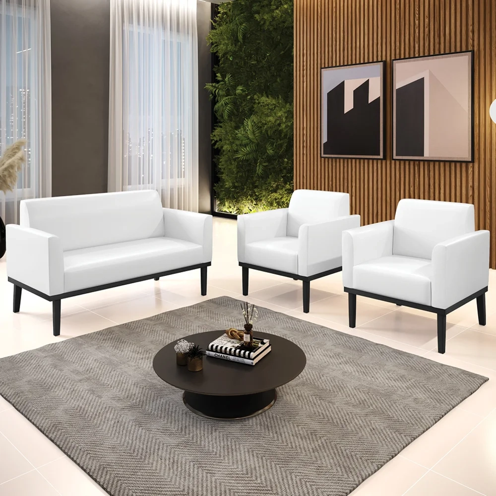 Sofá Namoradeira e 2 Poltronas Base Madeira Preto Maressa Sintético PU Branco - Ibiza