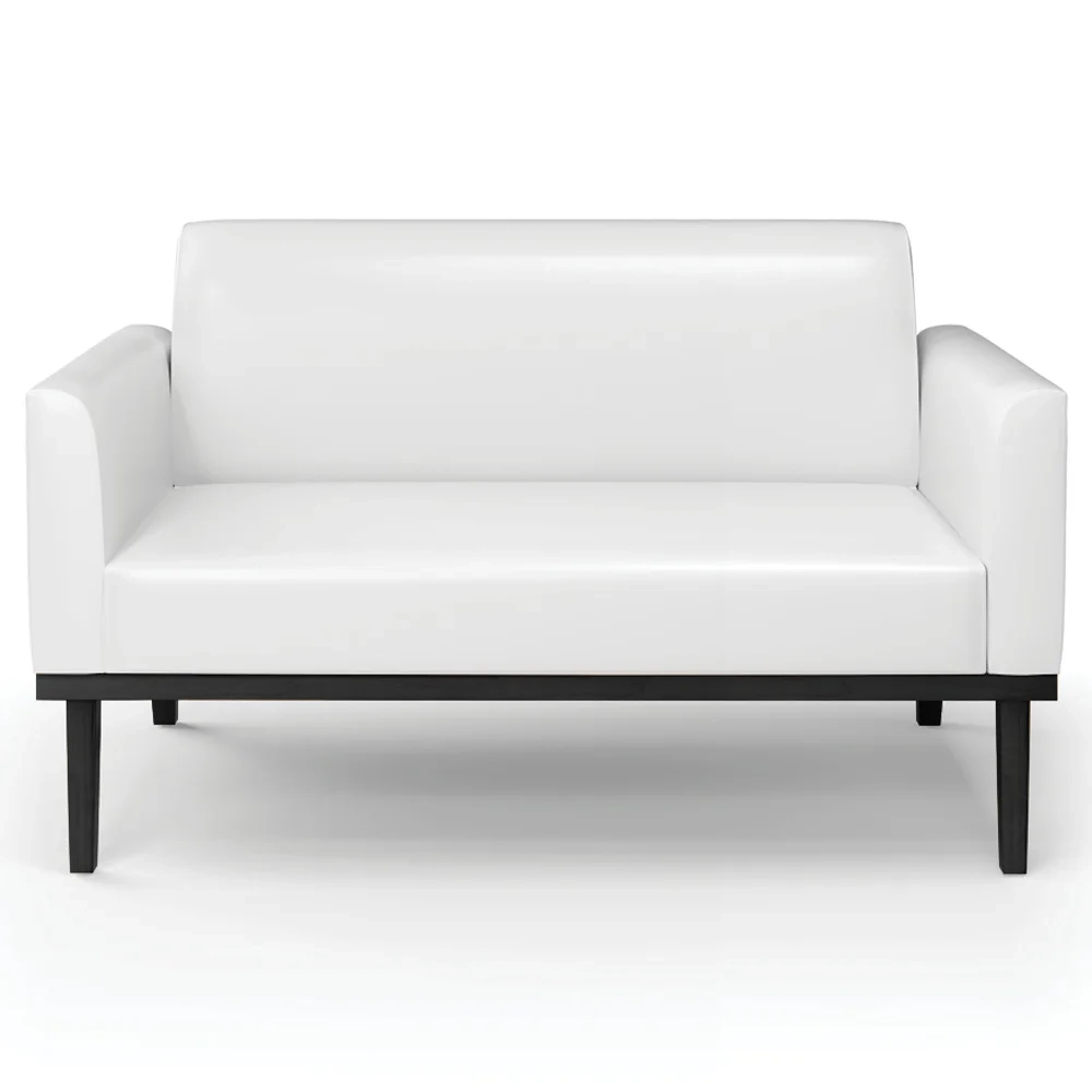 Sofá Namoradeira e 2 Poltronas Base Madeira Preto Maressa Sintético PU Branco - Ibiza