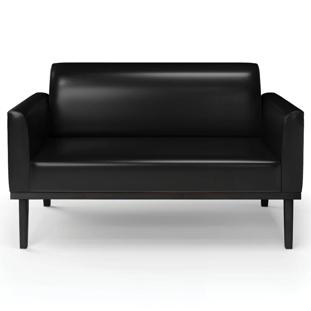 Sofá Namoradeira e 2 Poltronas Base Madeira Preto Maressa Sintético PU Preto - Ibiza