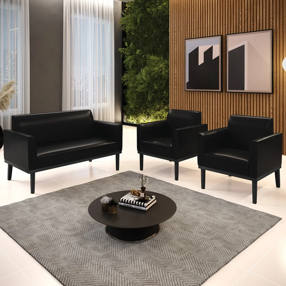 Sofá Namoradeira e 2 Poltronas Base Madeira Preto Maressa Sintético PU Preto - Ibiza