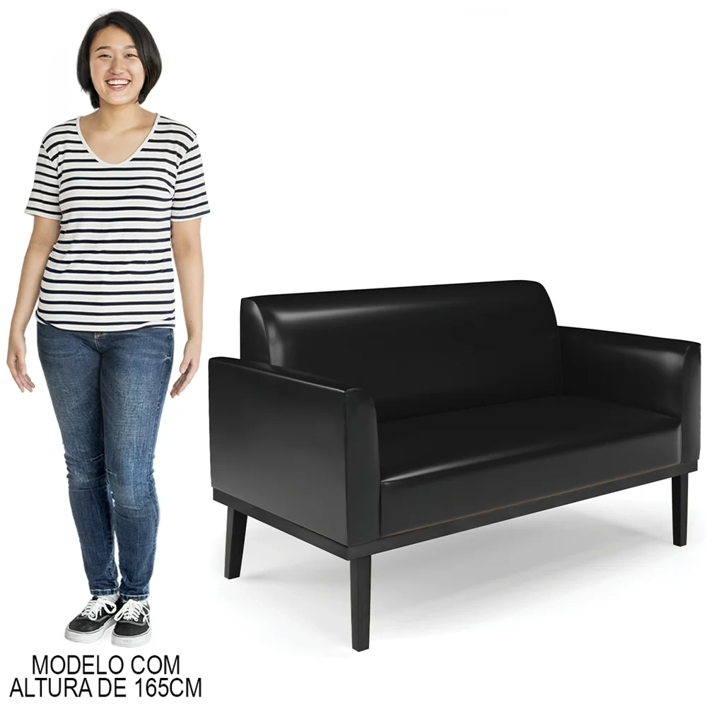 Sofá Namoradeira e 2 Poltronas Base Madeira Preto Maressa Sintético PU Preto - Ibiza