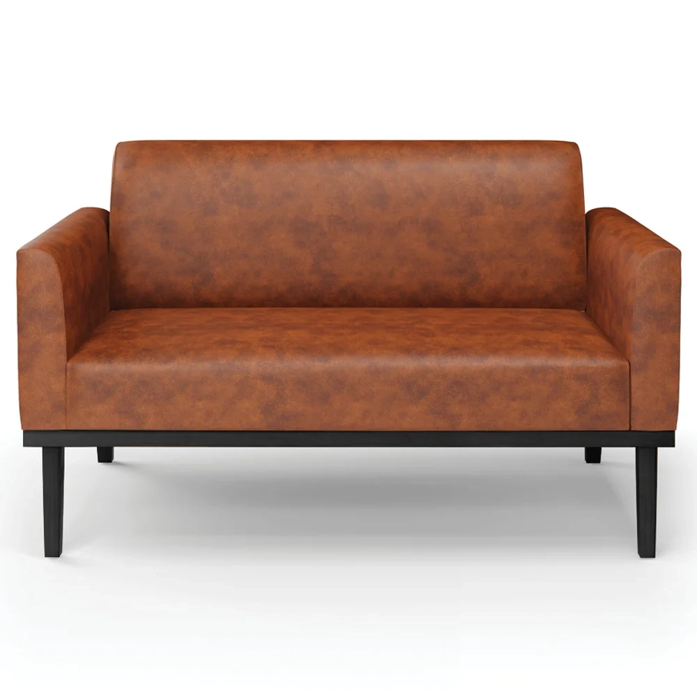 Sofá Namoradeira e 2 Poltronas Base Madeira Preto Maressa Sintético PU Nozes - Ibiza