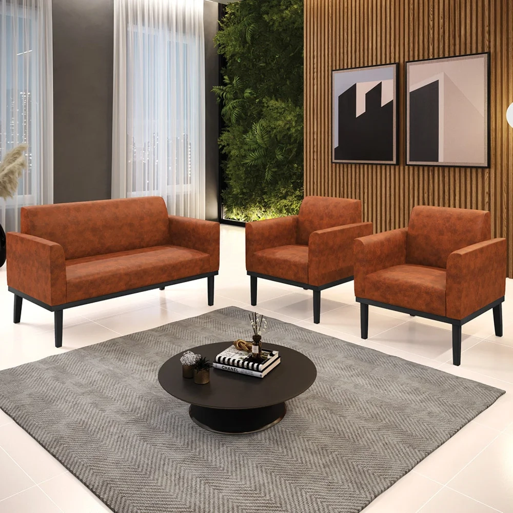 Sofá Namoradeira e 2 Poltronas Base Madeira Preto Maressa Sintético PU Nozes - Ibiza