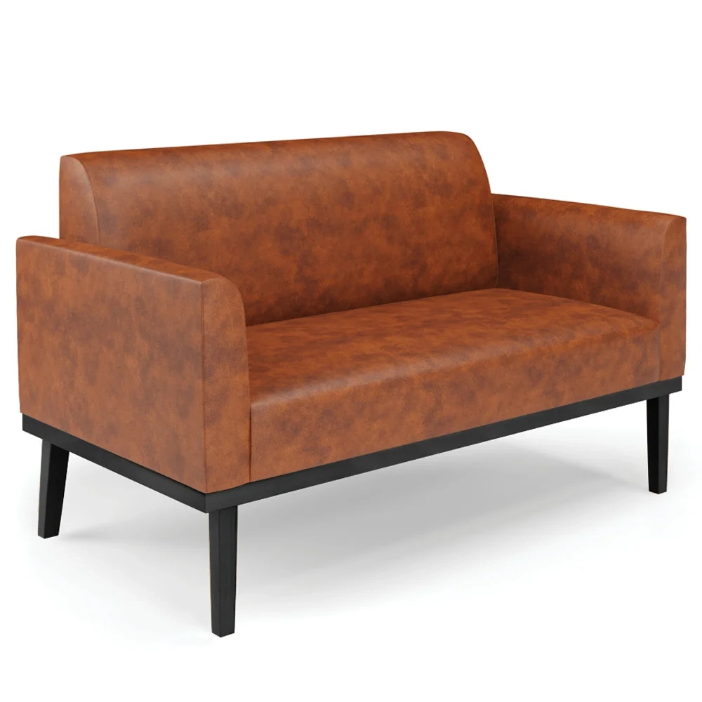 Sofá Namoradeira e 2 Poltronas Base Madeira Preto Maressa Sintético PU Nozes - Ibiza