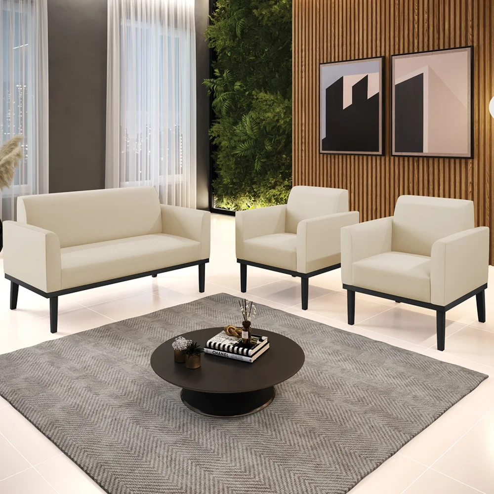 Sofá Namoradeira e 2 Poltronas Base Madeira Preto Maressa Sintético Bege - Ibiza