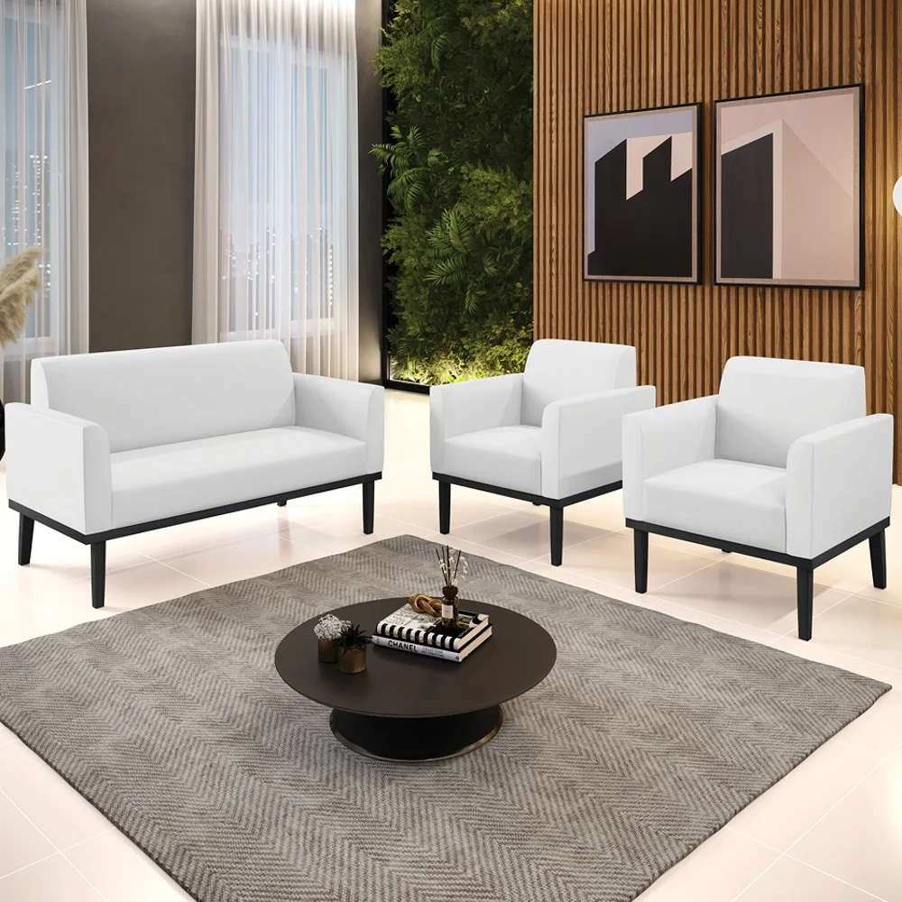 Sofá Namoradeira e 2 Poltronas Base Madeira Preto Maressa Sintético Branco - Ibiza