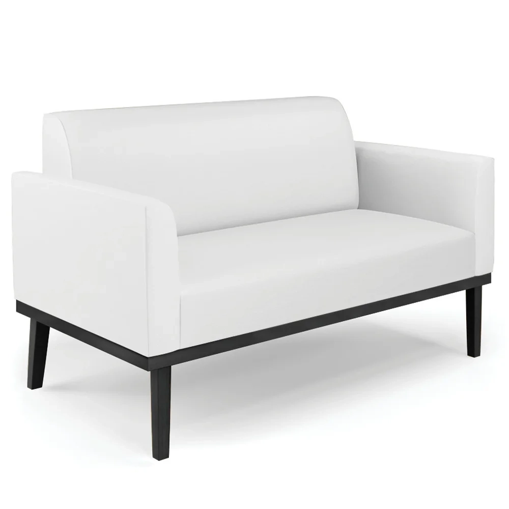 Sofá Namoradeira e 2 Poltronas Base Madeira Preto Maressa Sintético Branco - Ibiza