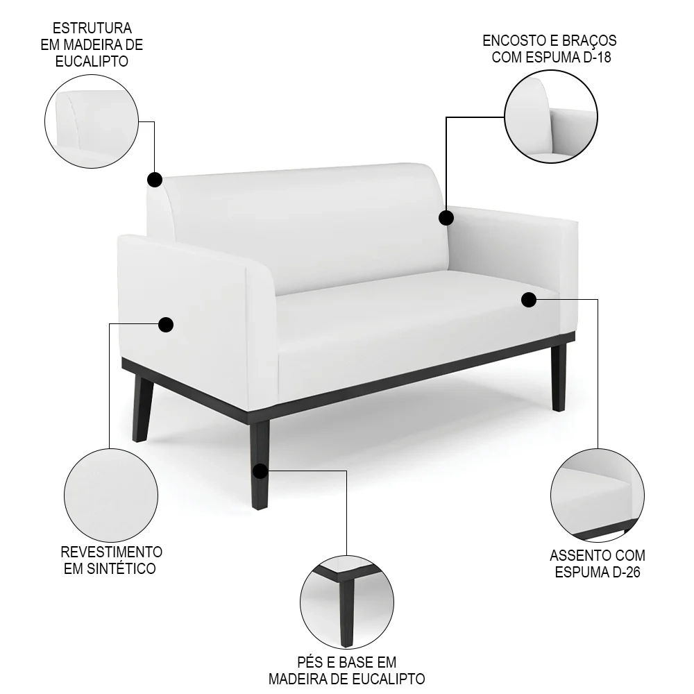 Sofá Namoradeira e 2 Poltronas Base Madeira Preto Maressa Sintético Branco - Ibiza