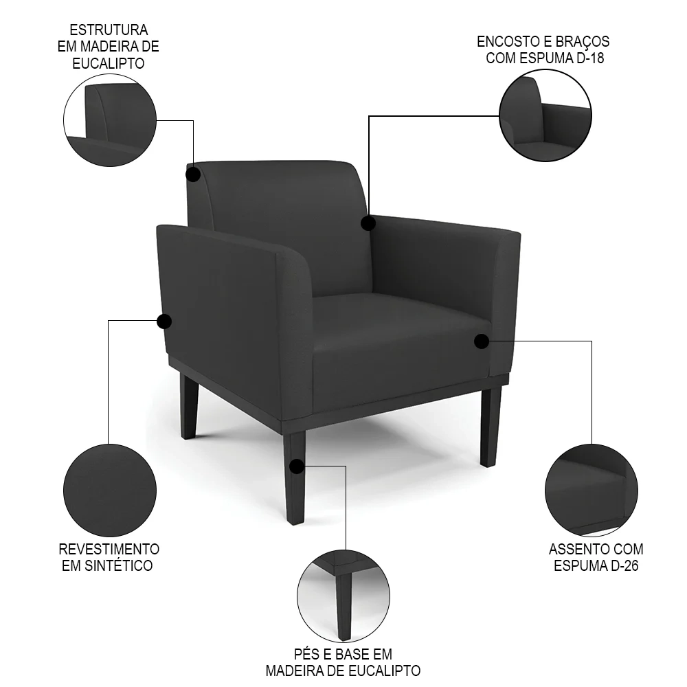 Sofá Namoradeira e 2 Poltronas Base Madeira Preto Maressa Sintético Preto - Ibiza
