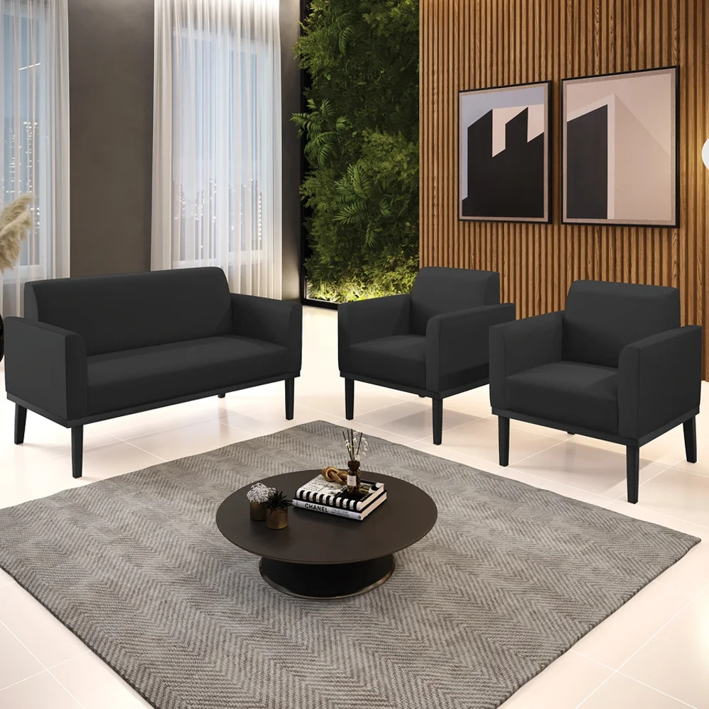 Sofá Namoradeira e 2 Poltronas Base Madeira Preto Maressa Sintético Preto - Ibiza