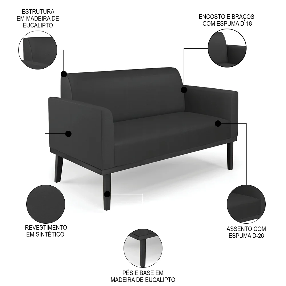 Sofá Namoradeira e 2 Poltronas Base Madeira Preto Maressa Sintético Preto - Ibiza